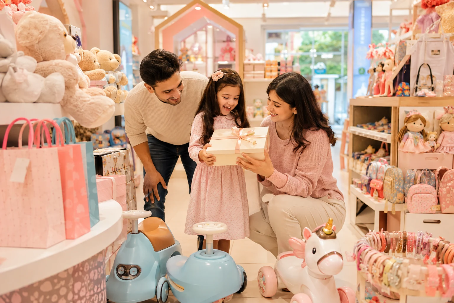 Family shopping and gifting at a child-friendly retail store